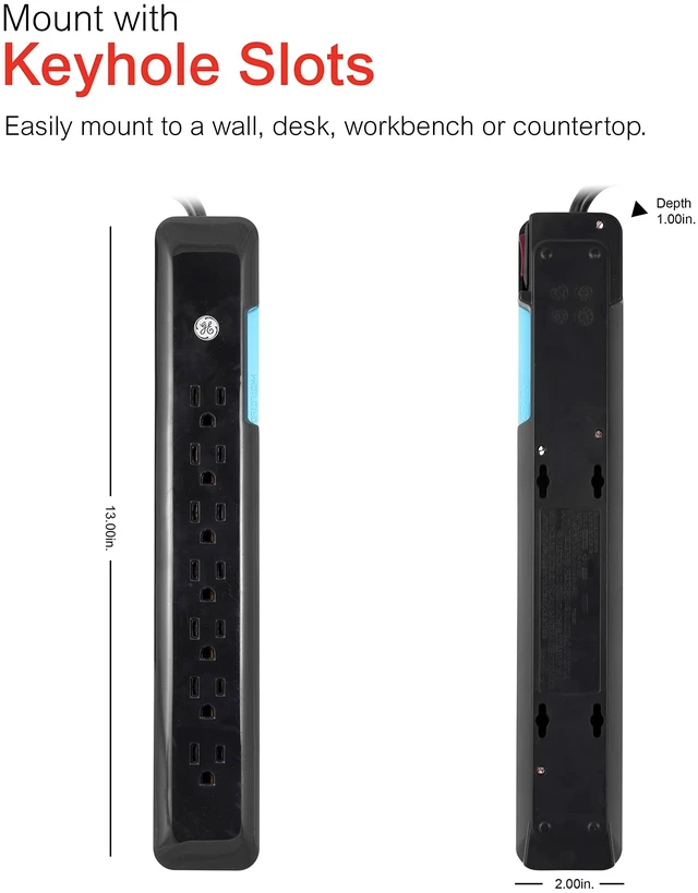 Alt view image 5 of 7 - Sur Protector Power Strip, 4 Ft Extension Cord, 7 Outlet Extender 1080 Joules, Flat Plug, Wall Mount, On Off Switch, UL Safety Certified, Black, 34460