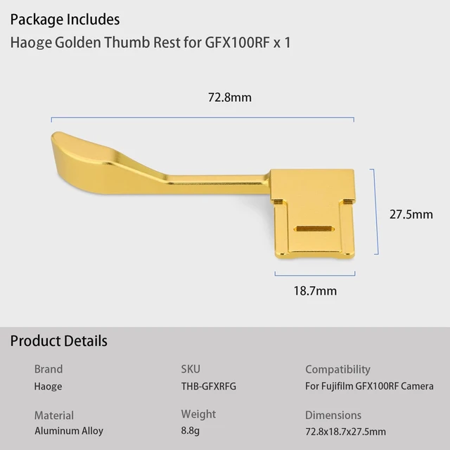Alt view image 5 of 7 - Metal Thumb Grip for Fujifilm GFX100RF Camera, Golden for Fuji GFX 100RF Accessories, Hot Shoe Cover Thumb Up Rest Support Handle Grip, Stable One-Hand Operation, THB-GFXRFG