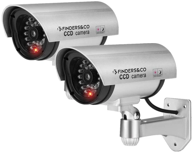 Main image of Fake Security Camera, Dummy CCTV Surveillance System (2, Silver) Dummy Camera with Realistic Red Flashing Lights and Warning Sticker