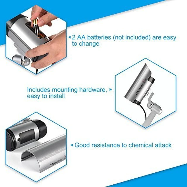 Alt view image 3 of 7 - Fake Security Camera, Dummy CCTV Surveillance System (2, Silver) Dummy Camera with Realistic Red Flashing Lights and Warning Sticker