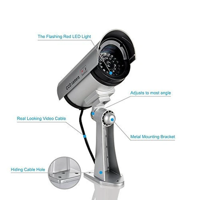 Alt view image 4 of 7 - Fake Security Camera, Dummy CCTV Surveillance System (2, Silver) Dummy Camera with Realistic Red Flashing Lights and Warning Sticker