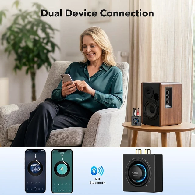 Alt view image 3 of 7 - B06T3 Bluetooth 6.0 Receiver for Home Stereo, RCA & 3.5mm AUX Jack Wireless Audio Adapter with Knob Volume Control, for Wired Speakers, Old Speakers, Home Audio Music Streaming Stereo System
