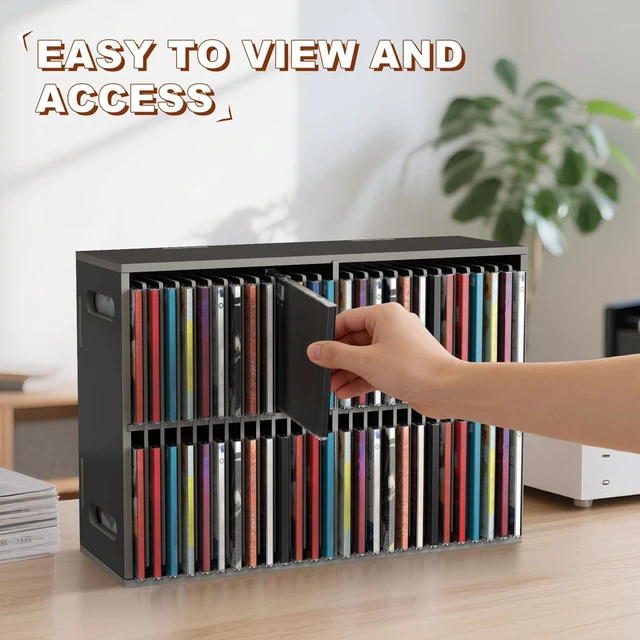 Alt view image 6 of 7 - 52 Slots CD Holder, Wall-Mounted CD Holder Stand Premium CD Storage Rack for Home and Office, Stackable Disc CD Organizer Desk Stand Ideal for Music Enthusiasts Black