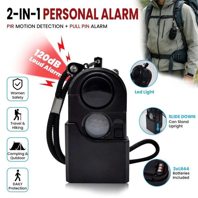 Alt view image 2 of 7 - 2 Packs Portable Mini Motion Detector Alarm-120DB Ear-Piercing Siren-SOS LED Light, Hotel Door Room Security Device for Female Women Kids Life Safety While Travelling Alone