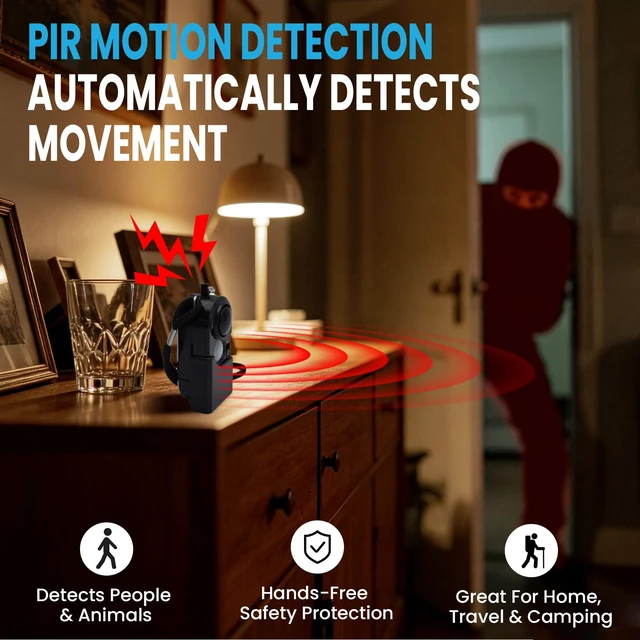 Alt view image 4 of 7 - 2 Packs Portable Mini Motion Detector Alarm-120DB Ear-Piercing Siren-SOS LED Light, Hotel Door Room Security Device for Female Women Kids Life Safety While Travelling Alone