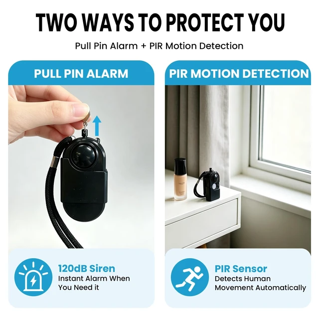 Alt view image 5 of 7 - 2 Packs Portable Mini Motion Detector Alarm-120DB Ear-Piercing Siren-SOS LED Light, Hotel Door Room Security Device for Female Women Kids Life Safety While Travelling Alone