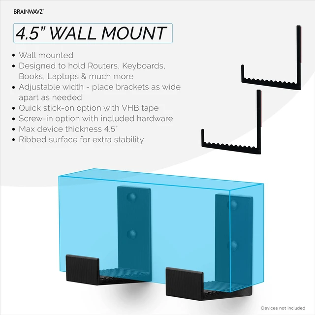 Alt view image 2 of 7 - 4.5" Cable Box Wall Mount Hanger Holder, Adhesive & Screw-in, for Routers, Laptops, Modem, Mesh WiFi, Apple TV, Network Switch & More, for Devices Upto 4.5" / 114mm Wide, (Black) by