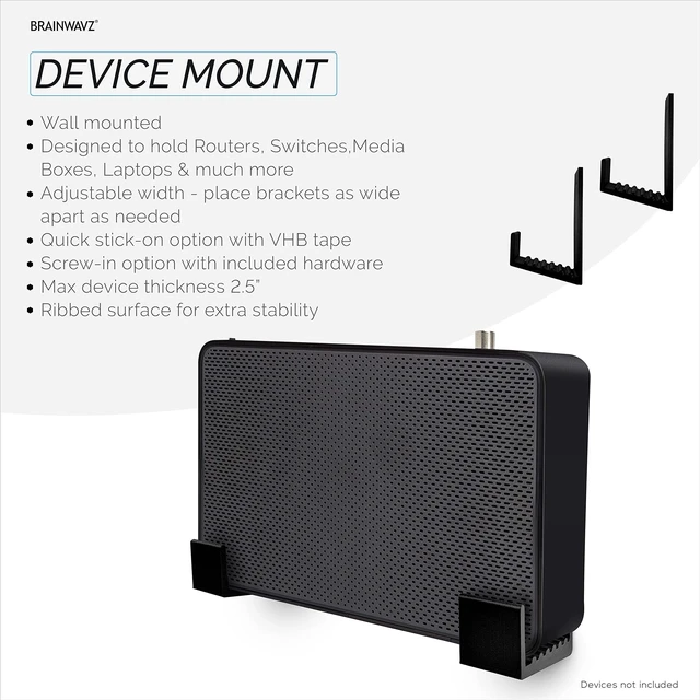 Alt view image 2 of 7 - 2.5" Cable Box Wall Mount Hanger Holder, Adhesive & Screw-in, for Routers, Laptops, Modem, Mesh WiFi, Apple TV, Network Switch & More, for Devices Upto 2.5" / 63mm Wide, (Black) by