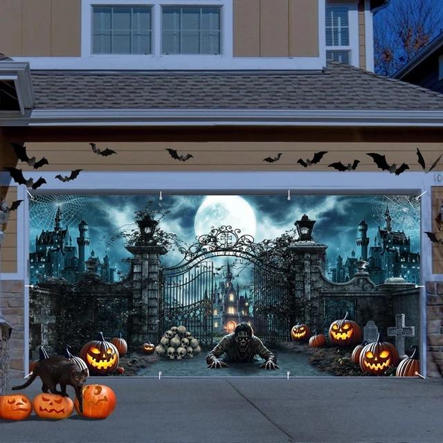 Alt view image 2 of 5 - Halloween Garage Door Cover 7x16ft Haunted Castle Graveyard Garage Backdrop Spooky Halloween Garage Buddy Banner with Crawling Zombie Jack o Lantern Skulls Tombstones for Yard Halloween Party Decor