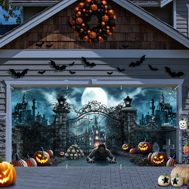 Alt view image 3 of 5 - Halloween Garage Door Cover 7x16ft Haunted Castle Graveyard Garage Backdrop Spooky Halloween Garage Buddy Banner with Crawling Zombie Jack o Lantern Skulls Tombstones for Yard Halloween Party Decor