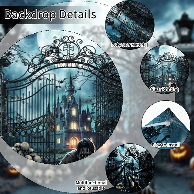 Alt view image 4 of 5 - Halloween Garage Door Cover 7x16ft Haunted Castle Graveyard Garage Backdrop Spooky Halloween Garage Buddy Banner with Crawling Zombie Jack o Lantern Skulls Tombstones for Yard Halloween Party Decor
