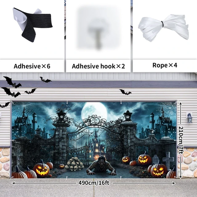 Alt view image 5 of 5 - Halloween Garage Door Cover 7x16ft Haunted Castle Graveyard Garage Backdrop Spooky Halloween Garage Buddy Banner with Crawling Zombie Jack o Lantern Skulls Tombstones for Yard Halloween Party Decor