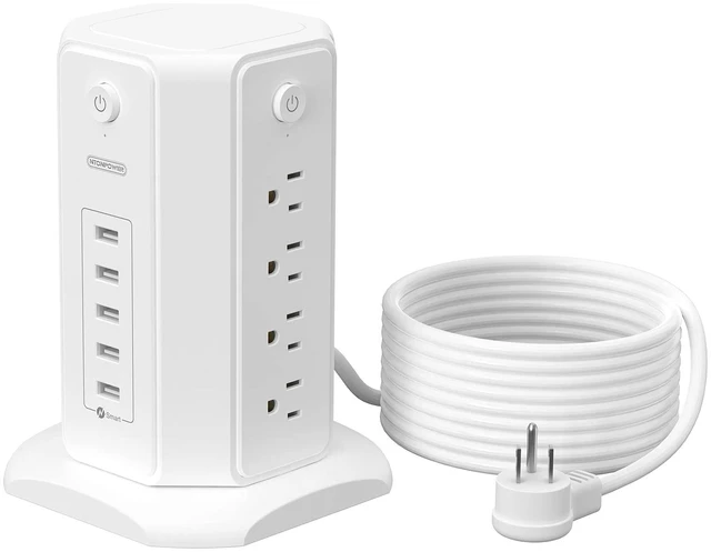 Main image of Surge Protector Tower Power Strip 15 ft, Multiple Outlets Extension Cord with 8 Outlets 5 USB Charging Station, Individual Switch, Flat Plug, Circuit Breaker for Home Office Dorm Room White