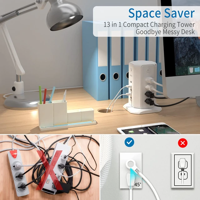 Alt view image 4 of 7 - Surge Protector Tower Power Strip 15 ft, Multiple Outlets Extension Cord with 8 Outlets 5 USB Charging Station, Individual Switch, Flat Plug, Circuit Breaker for Home Office Dorm Room White