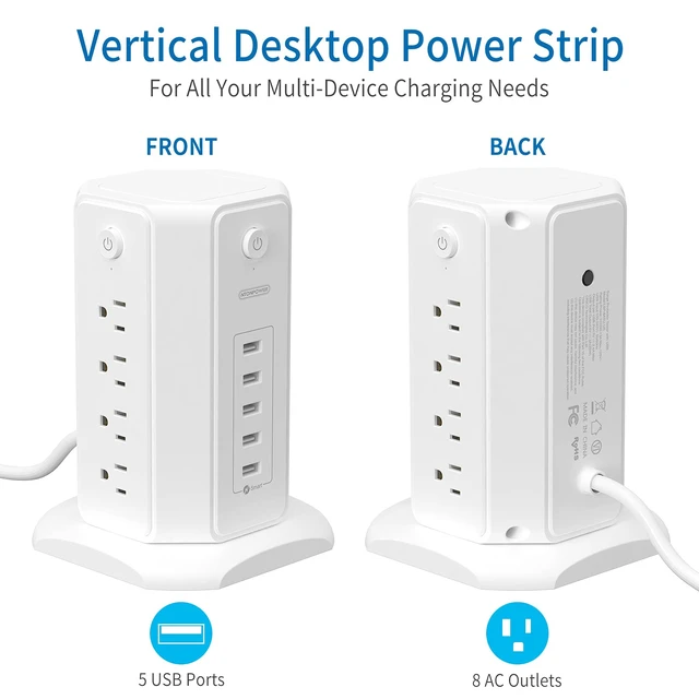 Alt view image 2 of 7 - Surge Protector Tower Power Strip 15 ft, Multiple Outlets Extension Cord with 8 Outlets 5 USB Charging Station, Individual Switch, Flat Plug, Circuit Breaker for Home Office Dorm Room White