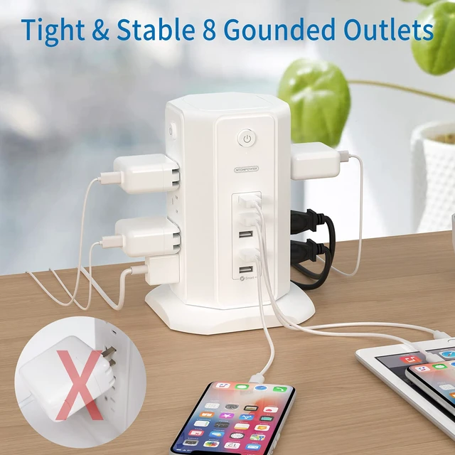 Alt view image 5 of 7 - Surge Protector Tower Power Strip 15 ft, Multiple Outlets Extension Cord with 8 Outlets 5 USB Charging Station, Individual Switch, Flat Plug, Circuit Breaker for Home Office Dorm Room White