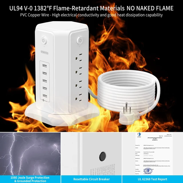 Alt view image 6 of 7 - Surge Protector Tower Power Strip 15 ft, Multiple Outlets Extension Cord with 8 Outlets 5 USB Charging Station, Individual Switch, Flat Plug, Circuit Breaker for Home Office Dorm Room White