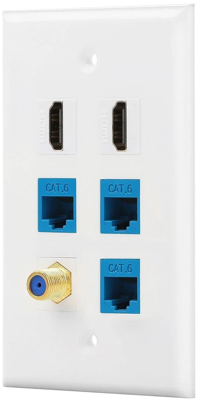 Main image of 6 Port Wall Plate 3 Port Cat6+ 2 Port HDMI +1 Port Gold-Plated F Type coaxial Cable TV Keystone Female to Female Jack in White