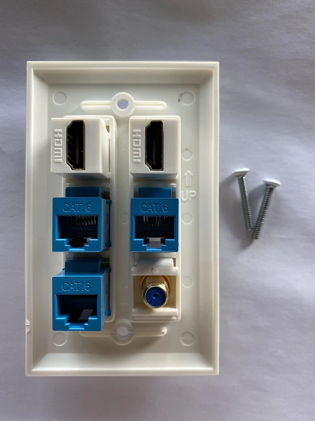 Alt view image 2 of 2 - 6 Port Wall Plate 3 Port Cat6+ 2 Port HDMI +1 Port Gold-Plated F Type coaxial Cable TV Keystone Female to Female Jack in White