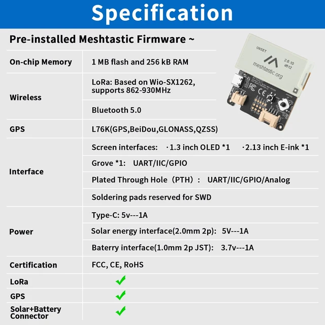Alt view image 3 of 7 - Wio Tracker L1 Board with 2.13 E-ink Display + 3000mAh Battery + Case, 915MHz SX1262 nRF52840 for Ar duino Meshtastic LoRa, BLE5 GPS GNSS, Support Battery Type-C Solar Charge (N37E, Black)