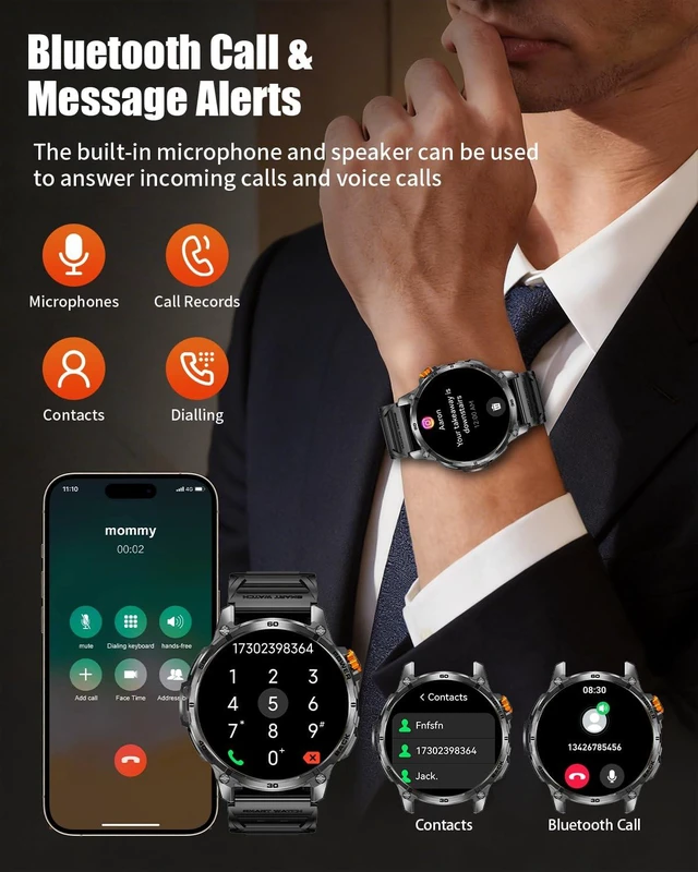 Alt view image 2 of 7 - Military Smart Watch for Men, 1.7" HD Touchscreen, Bluetooth Calling, 1200mAh Battery, Heart Rate/SpO2/Blood Pressure, 110+ Sports Modes, 5ATM Waterproof Fitness Watch for Android & iPhone