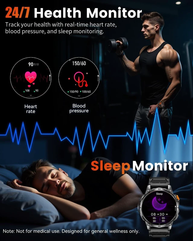 Alt view image 3 of 7 - Military Smart Watch for Men, 1.7" HD Touchscreen, Bluetooth Calling, 1200mAh Battery, Heart Rate/SpO2/Blood Pressure, 110+ Sports Modes, 5ATM Waterproof Fitness Watch for Android & iPhone