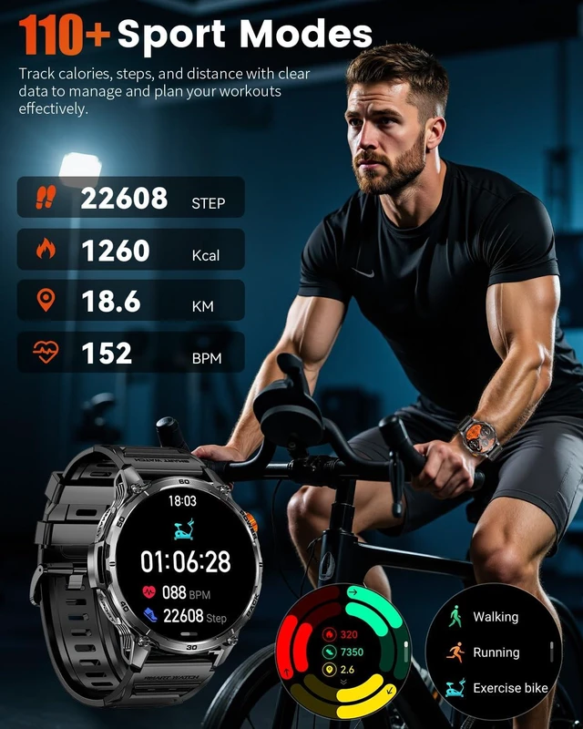 Alt view image 4 of 7 - Military Smart Watch for Men, 1.7" HD Touchscreen, Bluetooth Calling, 1200mAh Battery, Heart Rate/SpO2/Blood Pressure, 110+ Sports Modes, 5ATM Waterproof Fitness Watch for Android & iPhone