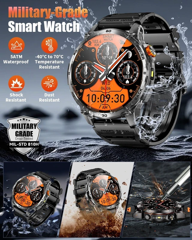 Alt view image 6 of 7 - Military Smart Watch for Men, 1.7" HD Touchscreen, Bluetooth Calling, 1200mAh Battery, Heart Rate/SpO2/Blood Pressure, 110+ Sports Modes, 5ATM Waterproof Fitness Watch for Android & iPhone