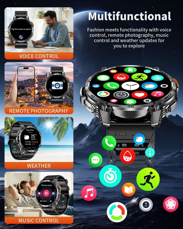 Alt view image 5 of 7 - Military Smart Watch for Men, 1.7" HD Touchscreen, Bluetooth Calling, 1200mAh Battery, Heart Rate/SpO2/Blood Pressure, 110+ Sports Modes, 5ATM Waterproof Fitness Watch for Android & iPhone