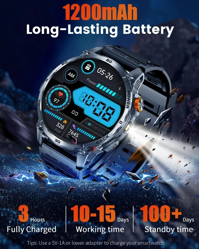 Alt view image 7 of 7 - Military Smart Watch for Men, 1.7" HD Touchscreen, Bluetooth Calling, 1200mAh Battery, Heart Rate/SpO2/Blood Pressure, 110+ Sports Modes, 5ATM Waterproof Fitness Watch for Android & iPhone