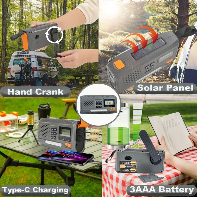 Alt view image 3 of 7 - Emergency Hand Crank Radio, 7400mWh Solar Weather Radio with AM/FM/NOAA, Battery Powered Radio with Cell Phone Charger, Digital Display, Flashlight, Headphone Jack & SOS Alarm for Outdoor/Survival