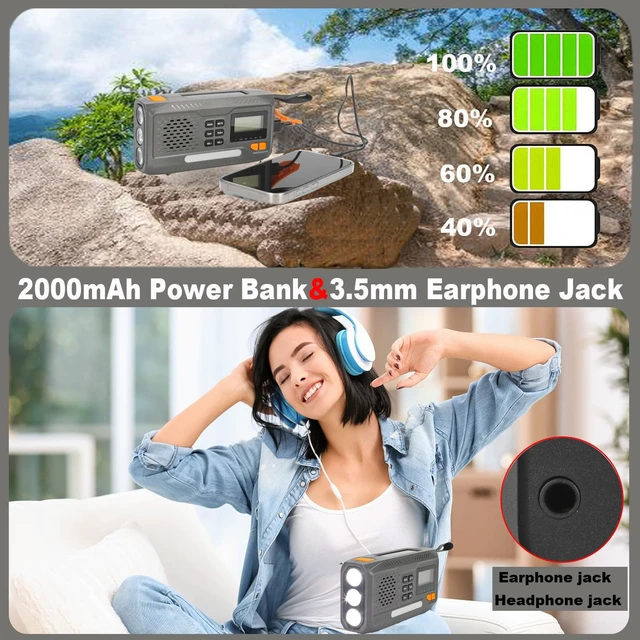 Alt view image 5 of 7 - Emergency Hand Crank Radio, 7400mWh Solar Weather Radio with AM/FM/NOAA, Battery Powered Radio with Cell Phone Charger, Digital Display, Flashlight, Headphone Jack & SOS Alarm for Outdoor/Survival