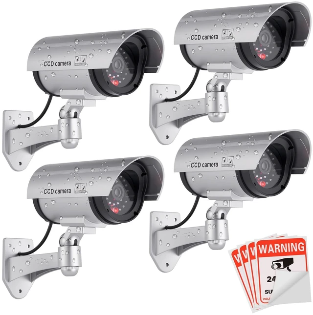 Main image of 4-Pack Dummy Security Camera, LED Flashing Light, Outdoor Indoor Realistic Dummy with Flashing LED, 4 Warning Stickers, Battery Operated, Easy Mount for Home, Office, Outdoor & Indoor