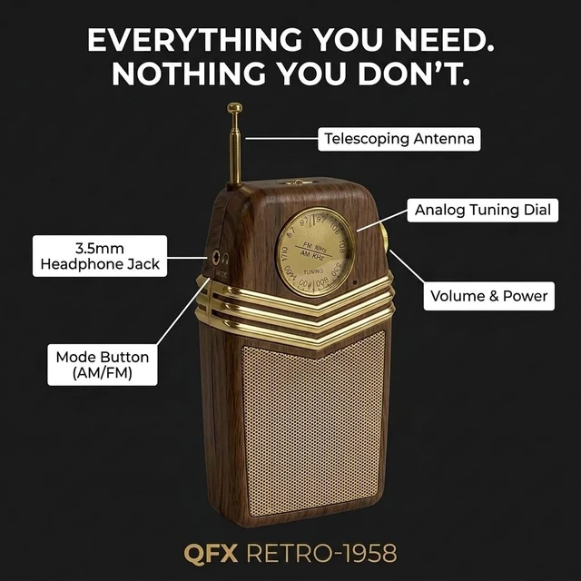 Alt view image 6 of 7 - Retro Portable Transistor Pocket AM FM Radio, RETRO-1958, Wood Telescoping Antenna, High-Fidelity Speaker, Headphone Jack, Battery Operated, Classic 1950s Design