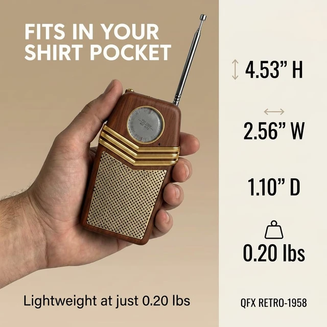 Alt view image 7 of 7 - Retro Portable Transistor Pocket AM FM Radio, RETRO-1958, Wood Telescoping Antenna, High-Fidelity Speaker, Headphone Jack, Battery Operated, Classic 1950s Design