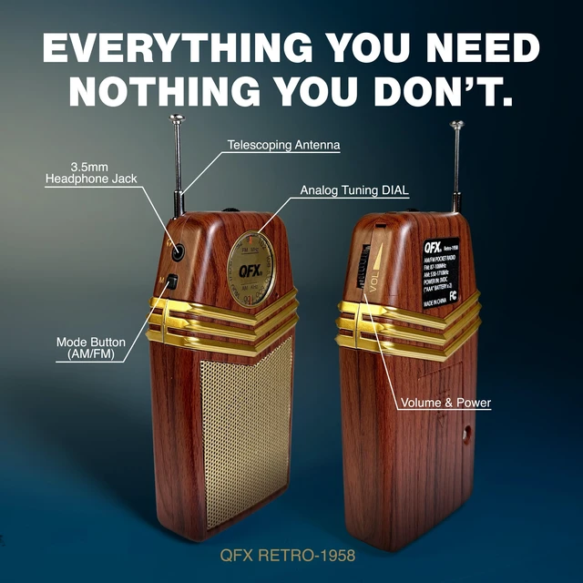 Alt view image 3 of 7 - Retro Portable Transistor Pocket AM FM Radio, RETRO-1958, Wood Telescoping Antenna, High-Fidelity Speaker, Headphone Jack, Battery Operated, Classic 1950s Design
