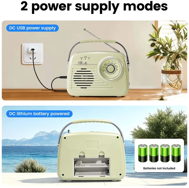 Alt view image 3 of 7 - Radios Portable AM FM, Battery Powered and Plug in Wall for Home/Outdoor/Kitchen, Vintage Retro Radio with Bluetooth, Easy to Use (Beige)