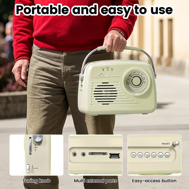 Alt view image 5 of 7 - Radios Portable AM FM, Battery Powered and Plug in Wall for Home/Outdoor/Kitchen, Vintage Retro Radio with Bluetooth, Easy to Use (Beige)