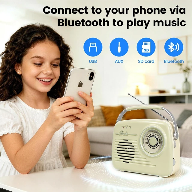 Alt view image 7 of 7 - Radios Portable AM FM, Battery Powered and Plug in Wall for Home/Outdoor/Kitchen, Vintage Retro Radio with Bluetooth, Easy to Use (Beige)