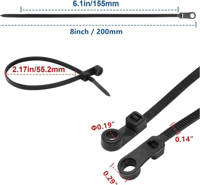 Alt view image 2 of 7 - 300pcs Zip Ties with Screw Hole, 8 inch 48lbs Electrical Cable Ties Straps, Mount Head Plastic Ties Multipurpose Heavy Duty Nylon Zip Tie for Indoor & Outdoor (8", Black)