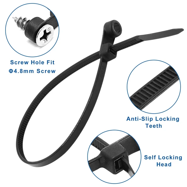 Alt view image 5 of 7 - 300pcs Zip Ties with Screw Hole, 8 inch 48lbs Electrical Cable Ties Straps, Mount Head Plastic Ties Multipurpose Heavy Duty Nylon Zip Tie for Indoor & Outdoor (8", Black)