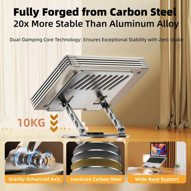 Alt view image 4 of 7 - 360° Rotatable Height-Adjustable All-Metal Dual-Bar Laptop Stand, Anti-Slip Heat-Dissipating for MacBook Pro/Air (10-17"), Tablet, Gaming, Office, Home, Drawing - Gray