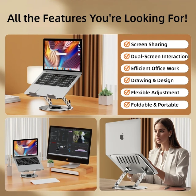 Alt view image 2 of 7 - 360° Rotatable Height-Adjustable All-Metal Dual-Bar Laptop Stand, Anti-Slip Heat-Dissipating for MacBook Pro/Air (10-17"), Tablet, Gaming, Office, Home, Drawing - Gray