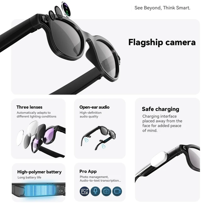 Alt view image 2 of 7 - AI Smart Glasses with Camera, HD Video Recording, Real-Time Translation up to 139 Languages, Voice Assistant, Open-Ear Audio,for Travel, Sports & Daily Use