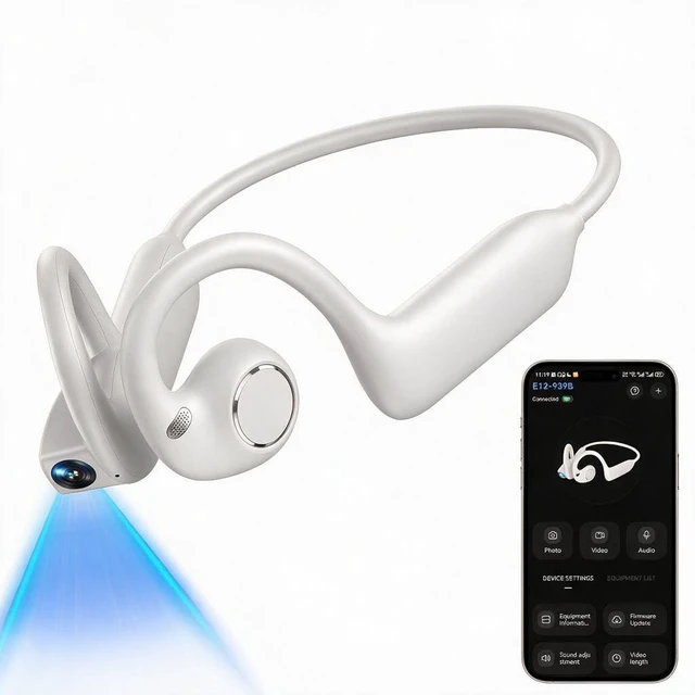 Main image of E12 Open Ear Headphones with 8MP Camera, Bone Conduction Headphones, Bluetooth 6.0, Wireless Earbuds, Hi-Fi Stereo Running Earphones, IP65 Waterproof, AI Voice Assistant Headset for Sports White