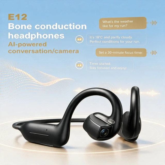 Alt view image 7 of 7 - E12 Open Ear Headphones with 8MP Camera, Bone Conduction Headphones, Bluetooth 6.0, Wireless Earbuds, Hi-Fi Stereo Running Earphones, IP65 Waterproof, AI Voice Assistant Headset for Sports White