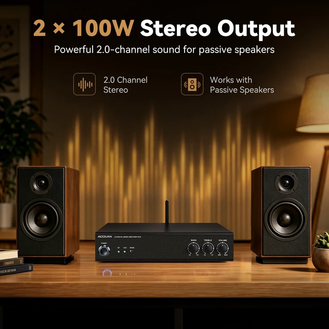 Alt view image 3 of 7 - Bluetooth 6.0 Stereo Amplifier for Speakers, 2-Channel Mini Class D 40W×2@8/70W×2@4 4-8 passive speakers, AUX, bass/treble, quick disconnect, ETL-Listed adapter, garage/office/living room