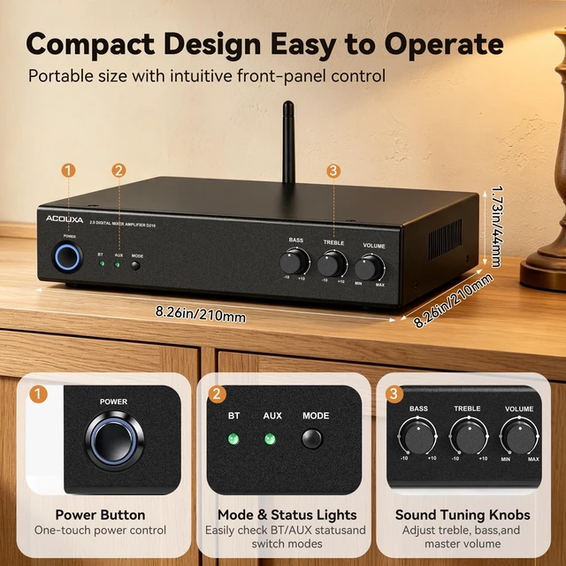 Alt view image 4 of 7 - Bluetooth 6.0 Stereo Amplifier for Speakers, 2-Channel Mini Class D 40W×2@8/70W×2@4 4-8 passive speakers, AUX, bass/treble, quick disconnect, ETL-Listed adapter, garage/office/living room