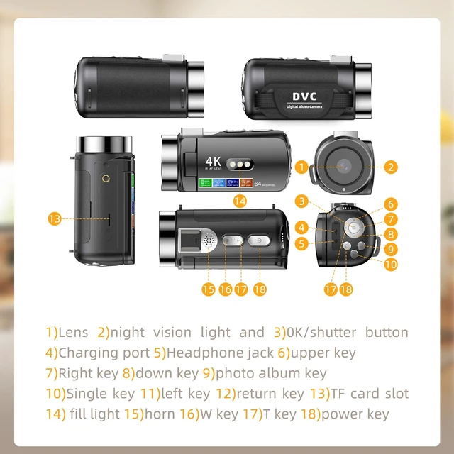 Alt view image 5 of 7 - 4K Video Camcorder, 64MP Digital Vlogging Camera(Black) 3.0" IPS HD Screen, 28X Digital Zoom, 180 Rotation Screen, Colour Night Function, LED Fill Light, External Microphone