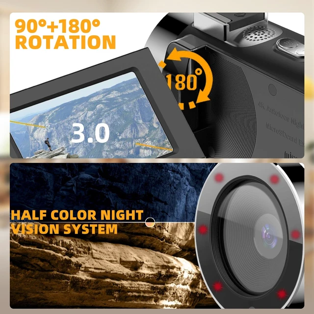 Alt view image 6 of 7 - 4K Video Camcorder, 64MP Digital Vlogging Camera(Black) 3.0" IPS HD Screen, 28X Digital Zoom, 180 Rotation Screen, Colour Night Function, LED Fill Light, External Microphone